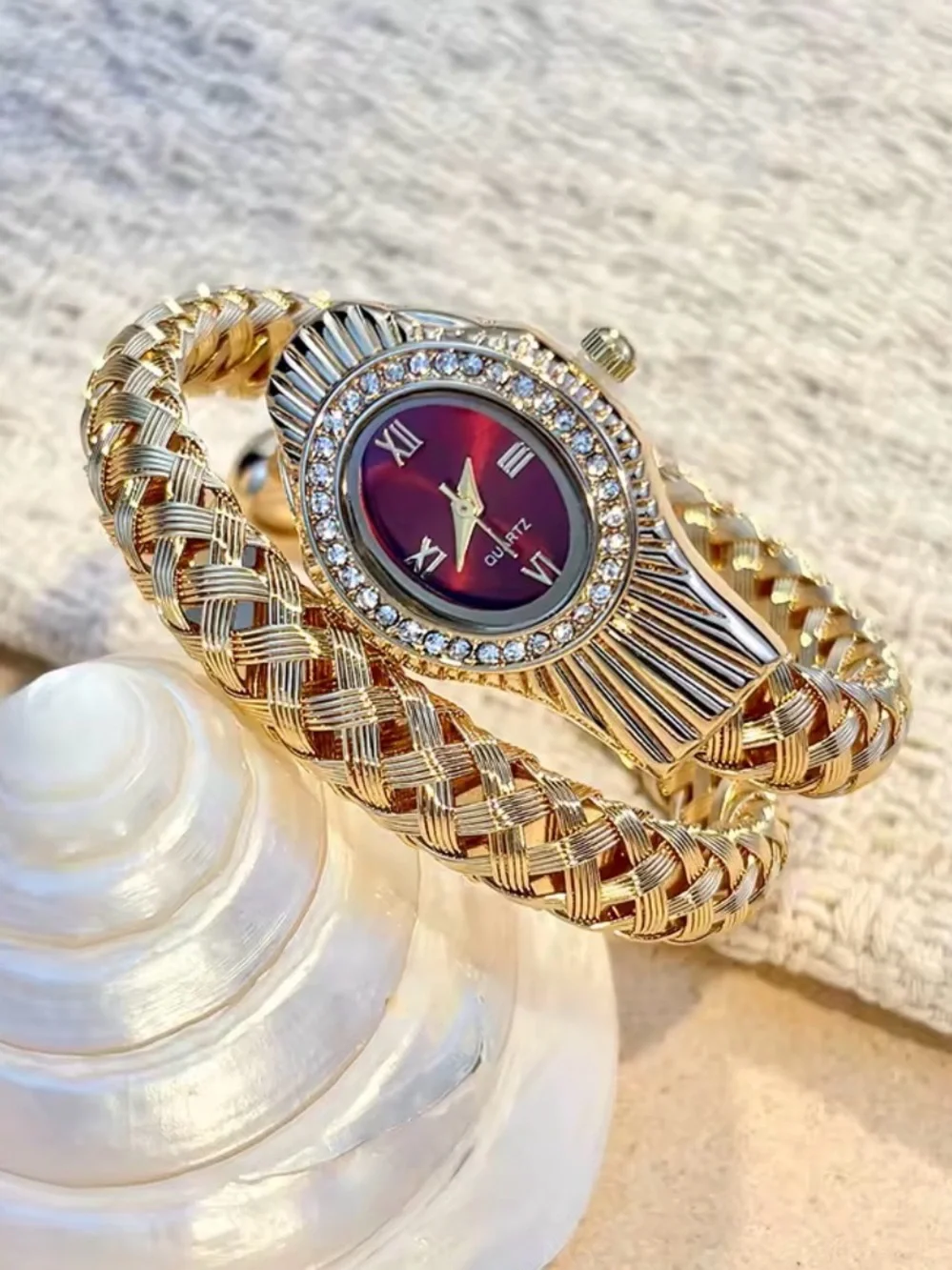 Gold Braided Bangle Watch with Burgundy Dial